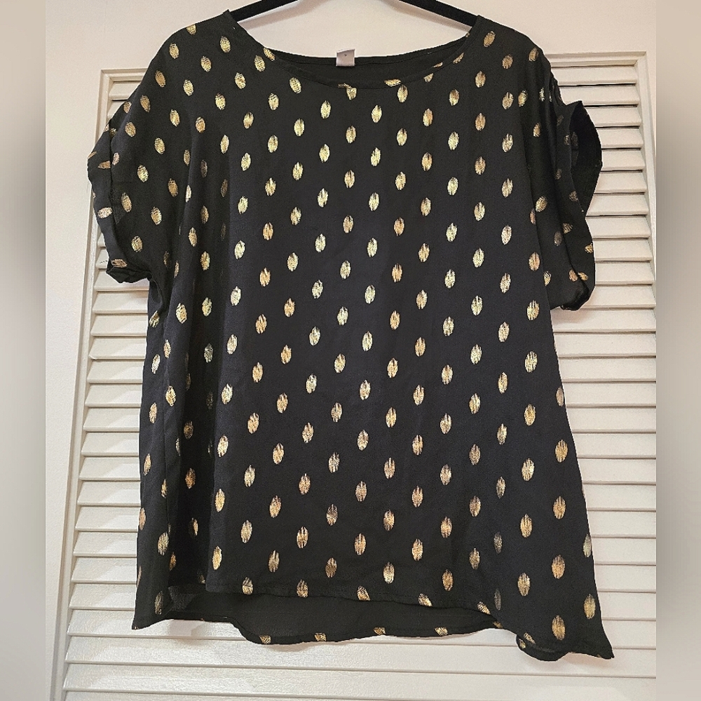Black & Gold Sheer Short-Sleeve Loose-Fit Top